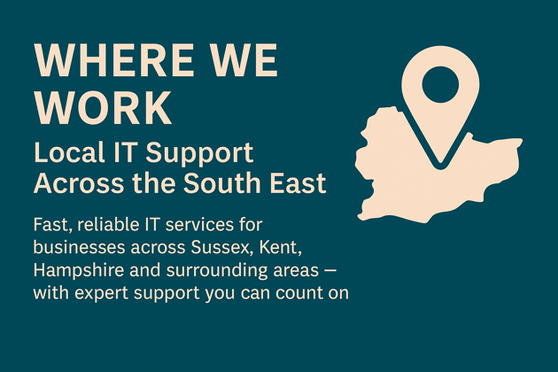 Flat graphic banner showing map pin and region icons, promoting SEBS IT’s business IT support across Sussex, Kent, and Hampshire.