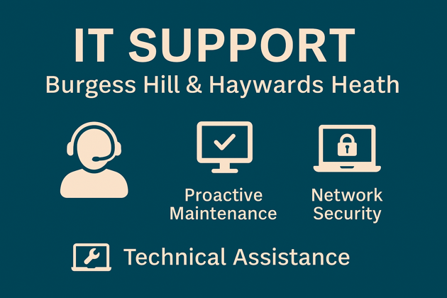 Flat digital graphic featuring IT support themes for businesses in Burgess Hill and Haywards Heath, highlighting local managed IT services in Mid Sussex.