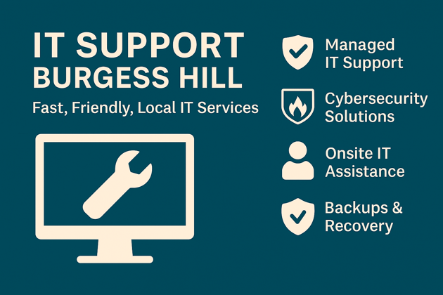 Flat digital graphic representing IT support services in Burgess Hill, featuring a computer screen, tools, and support icons to convey reliable business IT assistance