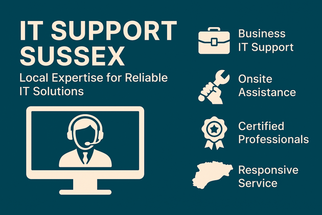 Flat digital graphic representing IT support services across Sussex, featuring a computer screen, tools, and support icons to convey reliable business IT assistance