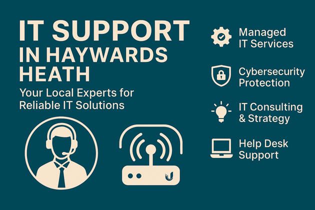 Flat digital graphic representing IT support services in Haywards Heath, featuring a computer screen, tools, and support icons to convey reliable business IT assistance