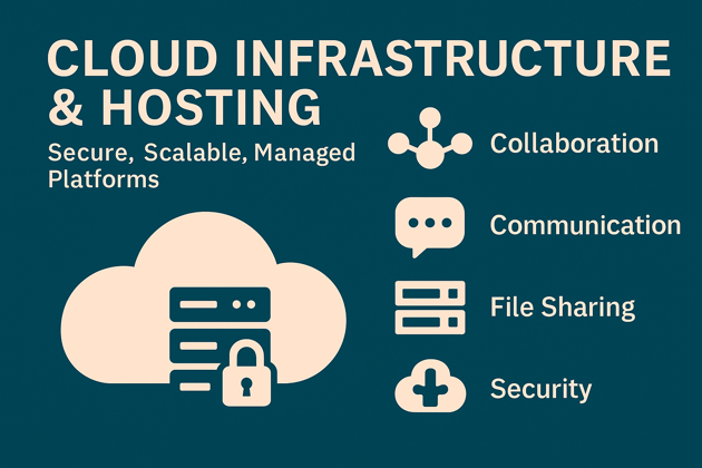 Flat-style graphic with teal background illustrating cloud infrastructure services including hosting, virtual servers, storage, and secure network management.